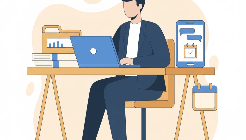 An illustrated accountant working at a desk while a phone beside them shows an SMS conversation with a new client enquiry and a booked calendar slot