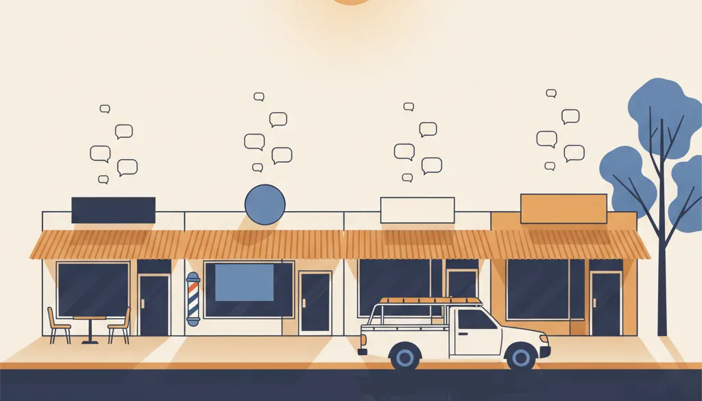 Illustration of a row of small Australian shopfronts at sunset with a tradesman's ute out front and speech bubbles rising from each shop