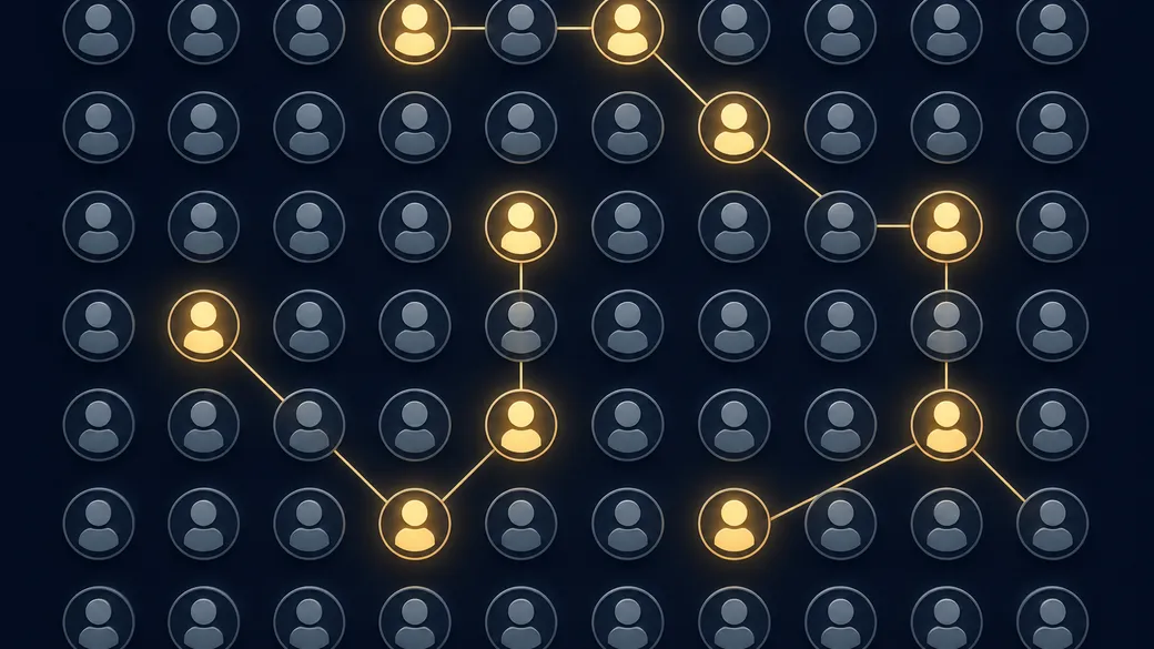 A grid of pale dormant contact records with a handful lit in gold against a dark navy background, representing reactivated leads
