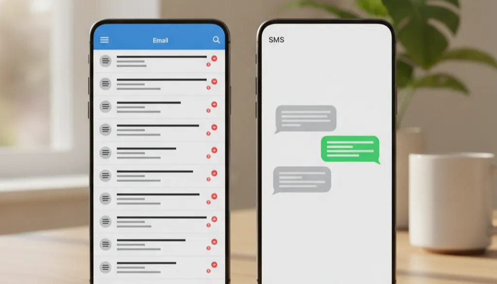 Two phones side by side on a sunlit desk, one showing a cluttered email inbox full of unread messages and the other a short clean SMS conversation with a reply